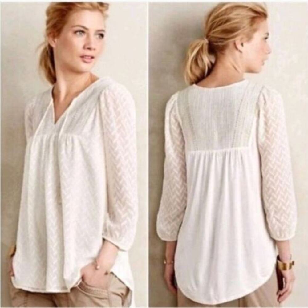 Anthropologie One September Attylie 3/4 Sleeve Peasant Blouse Embroidered Ivory